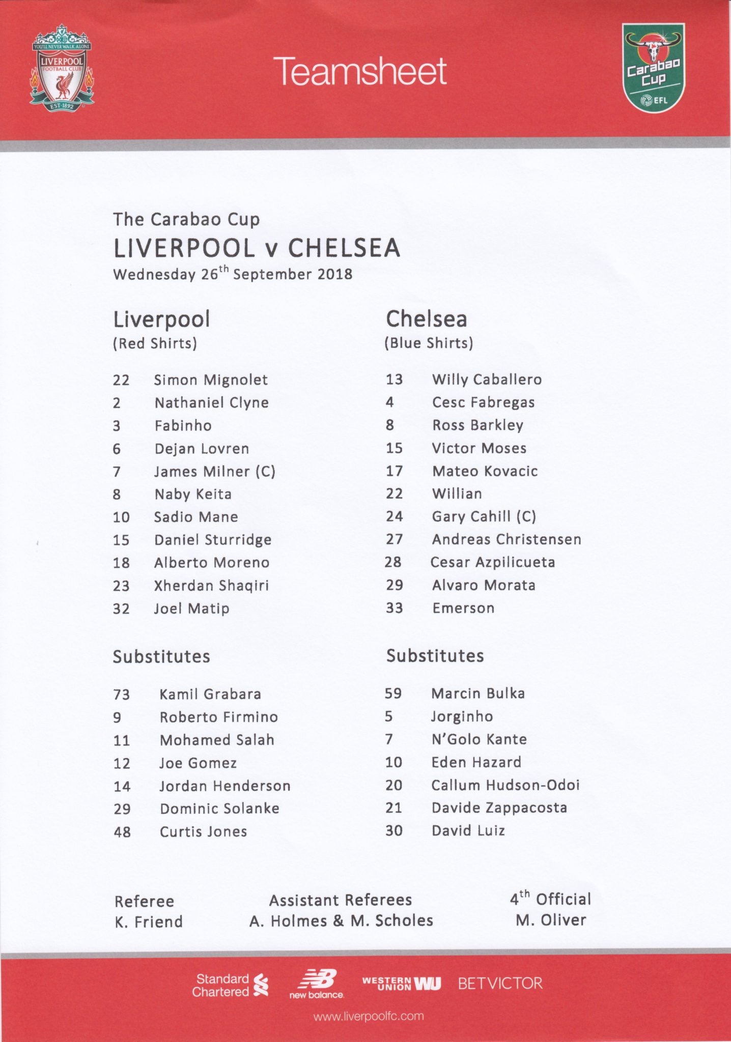 Chelsea 26 Sep 2018 - LFChistory.net