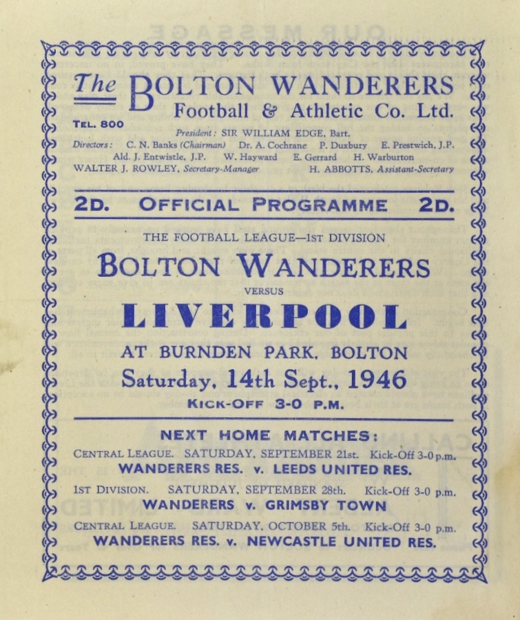 Bolton Wanderers 14 Sep 1946 LFChistory