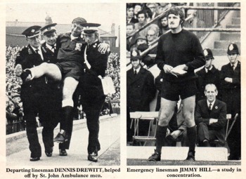 Jimmy Hill replaces injured linesman Denis Drewitt