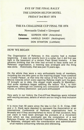 Referees Association Eve Of Final Dinner Programme - Page