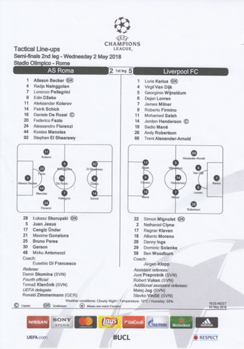 UEFA Teamsheet