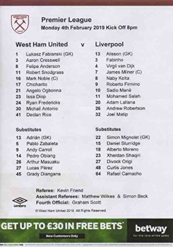 WHU Teamsheet