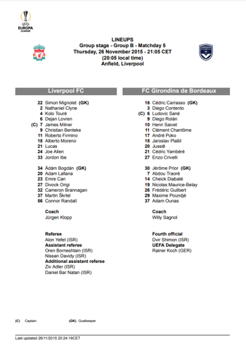 UEFA Teamsheet