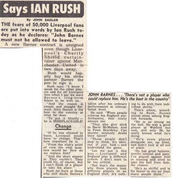 Barnes must not be allowed to leave, says Ian Rush - 1990