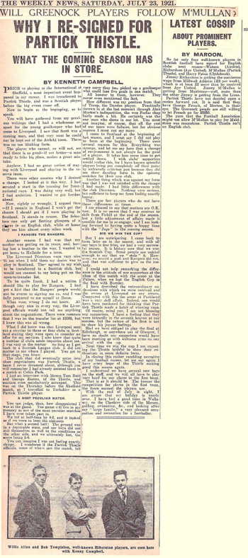 Why I re-signed for Partick Thistle - The Weekly News 23 July 1921