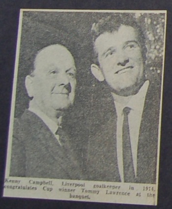 Ken Campbell congratulates Tommy Lawrence on 1965 Cup win