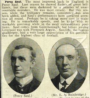 Percy Saul's mini biography in Liverpool match programme