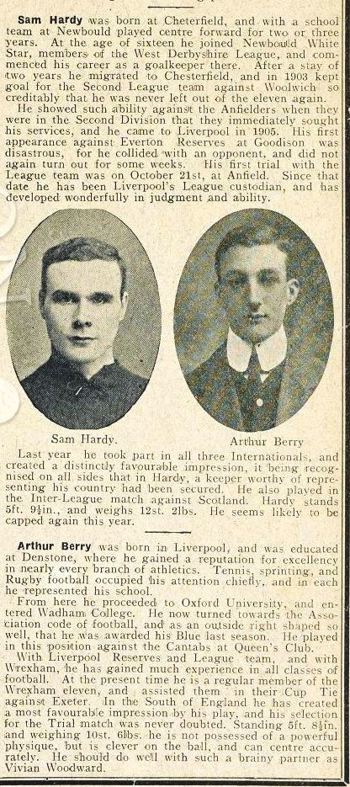 Sam Hardy's and Arthur Berry's mini biography in Liverpool match programme