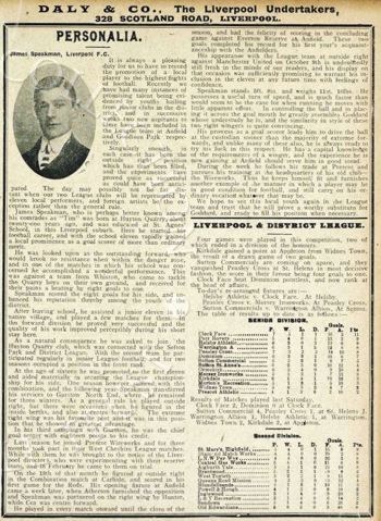 Sam Speakman's biography in Liverpool match programme on 12 November 190