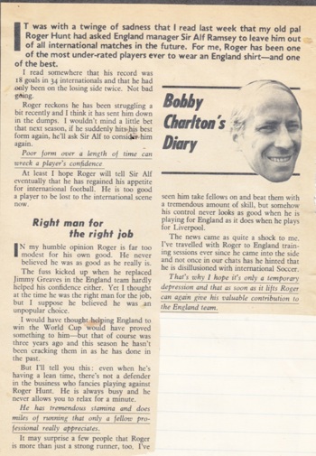 Bobby Charlton on Hunt's international retirement in 1969