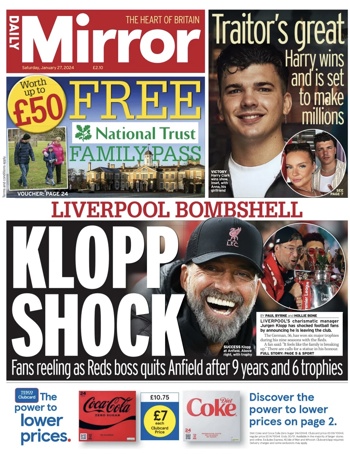 Daily Mirror Frontpage - Jan 2024