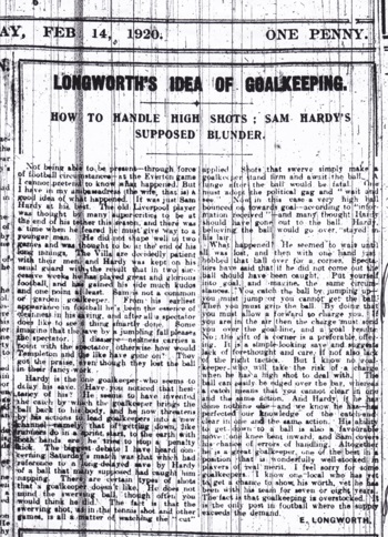 Ephraim Longworth on Sam Hardy's supposed blunder - 14 February 1920