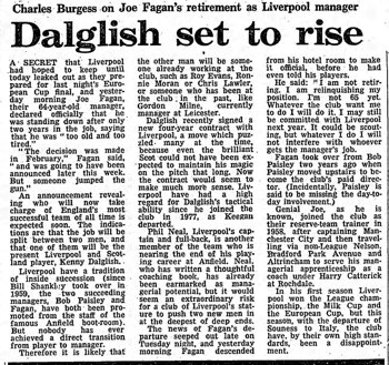 Charles Burgess on Joe Fagan's retirement as Liverpool manager