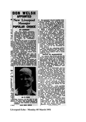 Don Welsh appointed Manager - From Liverpool Echo