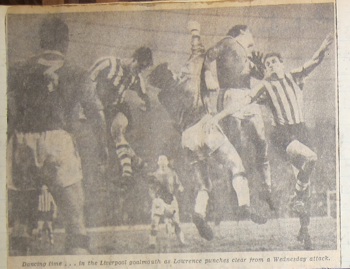 Lawrence punching clear versus Sheffield Wednesday 8th December 1962 (image)