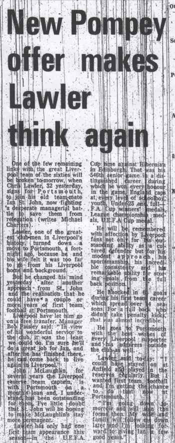 Lawler joining Pompey - 21 October 1975