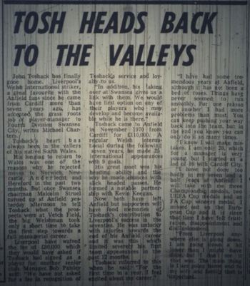Tosh heads back to the valleys - 28 February 1978