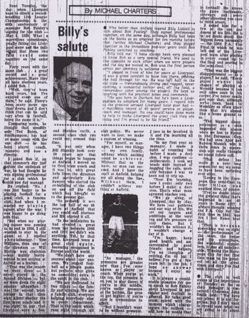 Billy Liddell's salute to Bob Paisley on 5 May 1979