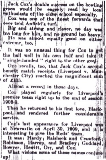 Jack Cox remembered in the Liverpool Echo in the 1925/26 season