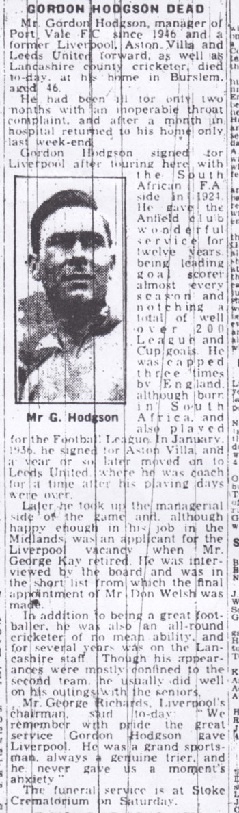 Gordon Hodgson's death announced in the Echo in June 1951