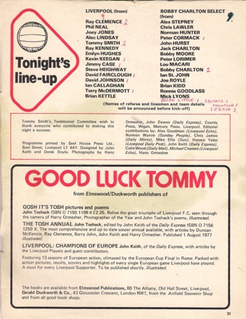 Line-ups for Tommy's testimonial in 1977