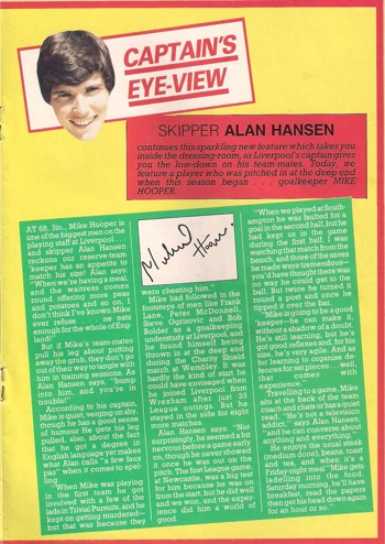 Alan Hansen on Mike Hooper in 1986