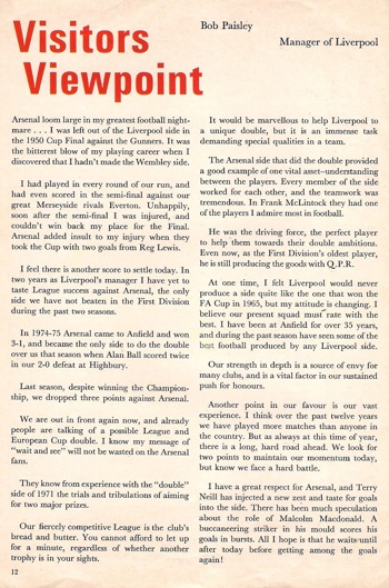 Paisley's viewpoint in match programme