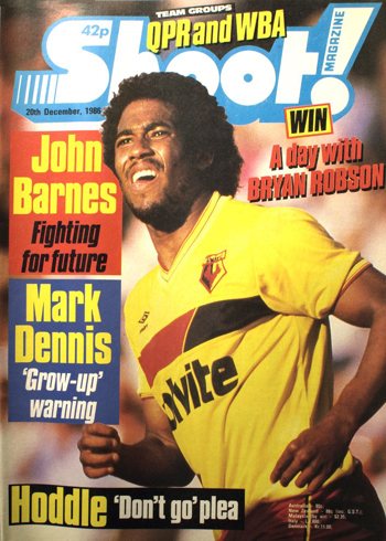 John Barnes on the cover of Shoot! as a Watford star 20 December 1986