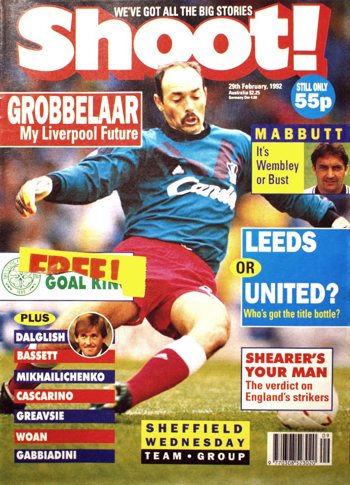 Bruce Grobbelaar on the cover of Shoot! 29 February 1992