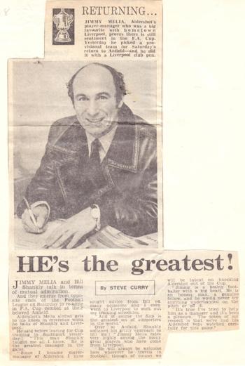 Melia's return to Liverpool as Aldershot boss in January 1971