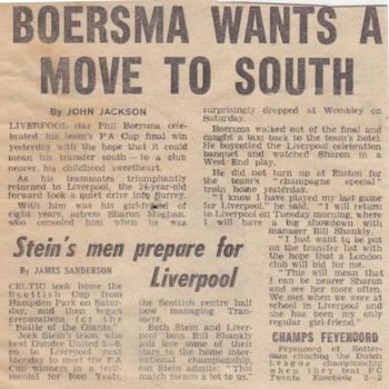Boersma wants a move south after he is dropped for the 1974 FA Cup final