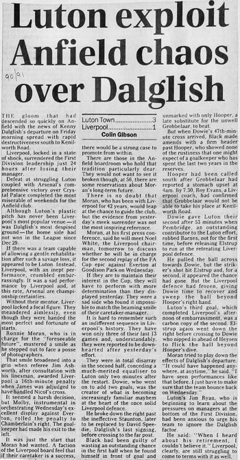 Luton exploit Anfield chaos over Dalglish