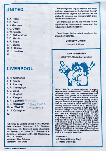 Match programme lineups