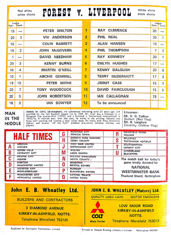 Match programme lineups
