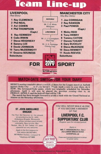 Match programme lineups