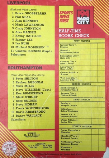 Match programme lineups