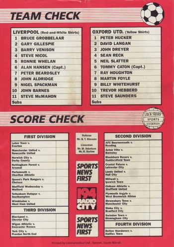 Match programme backcover