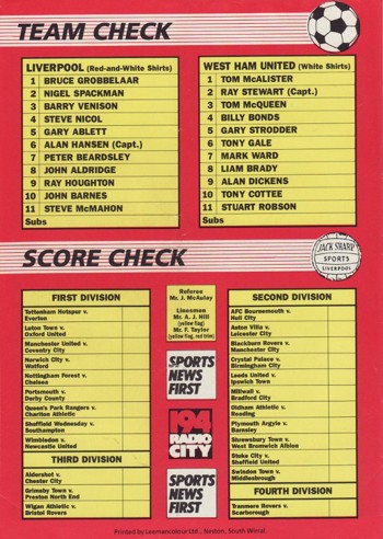 Match programme backcover