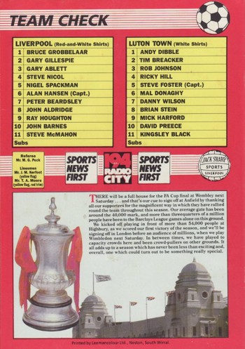 Match programme backcover
