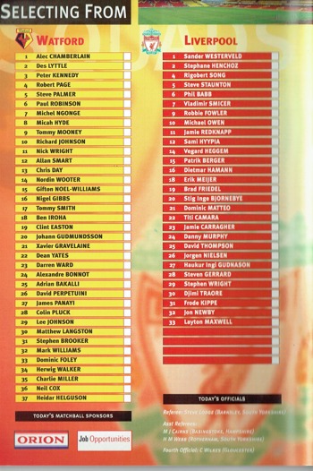 Match programme - Lineups