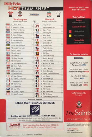 Match programme lineups