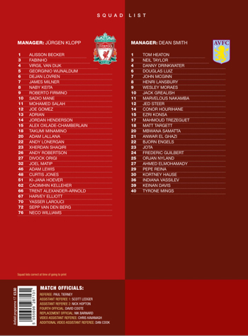 Match programme lineups