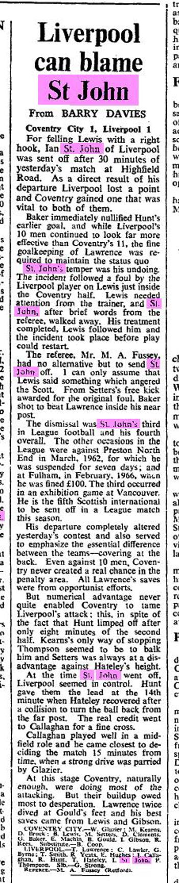 Barry Davies' report on the game and Ian St John's sending off